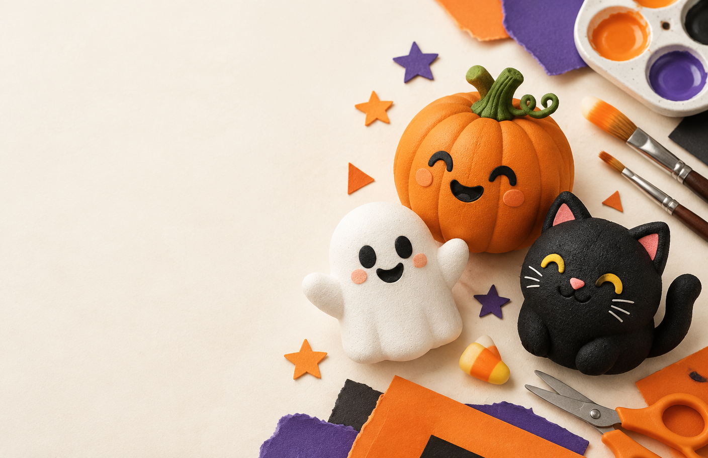 Cute handmade pumpkin, ghost, and black cat squishies with craft supplies